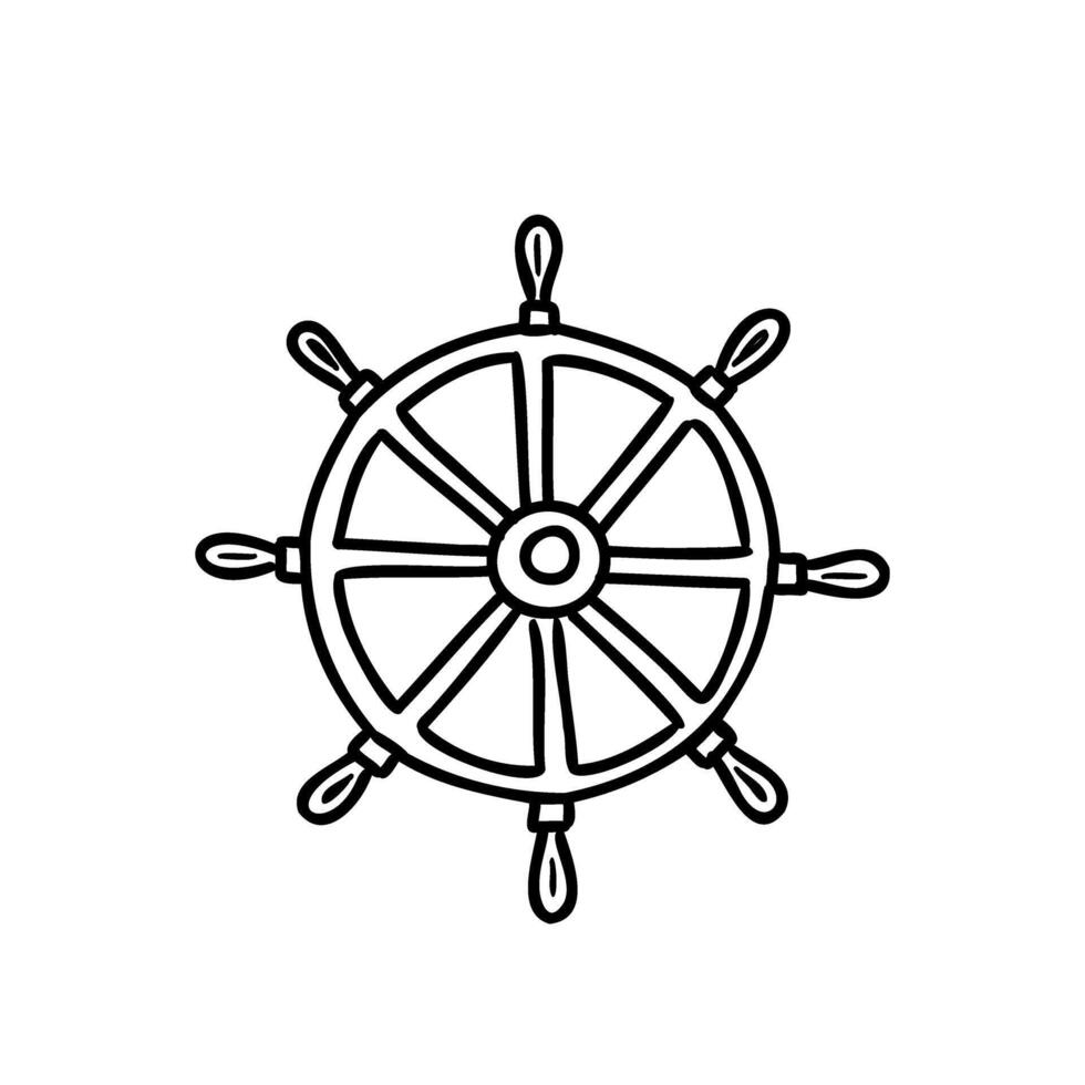 Steering wheel for ships and boats. Hand drawn illustration in doodle style, line art isolated on white background vector