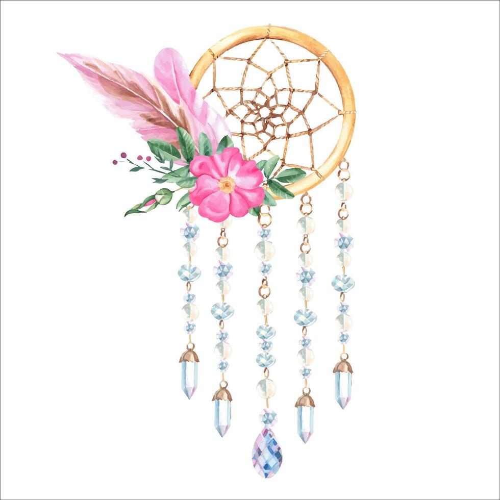 Dream catcher with glass beads and crystals, dog rose flowers and pink feathers. Watercolor hand drawn illustration. Bohemian decoration. American culture mystery ethnic tribal ornament. vector