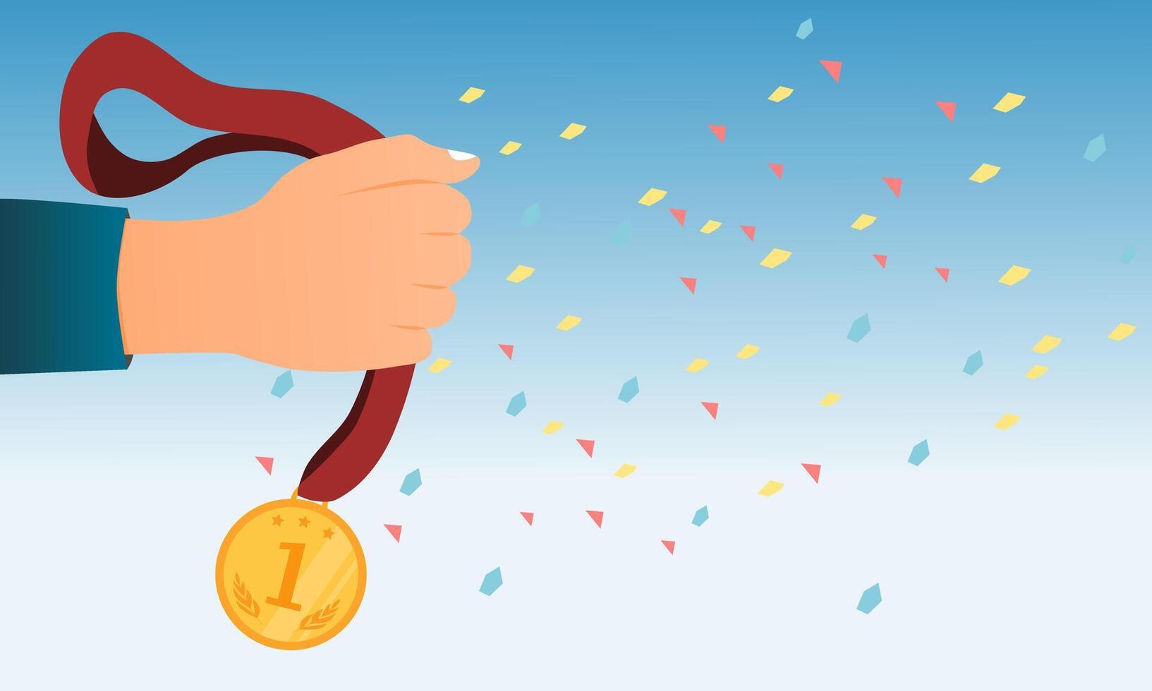 Hand holding a winners medal with confetti vector