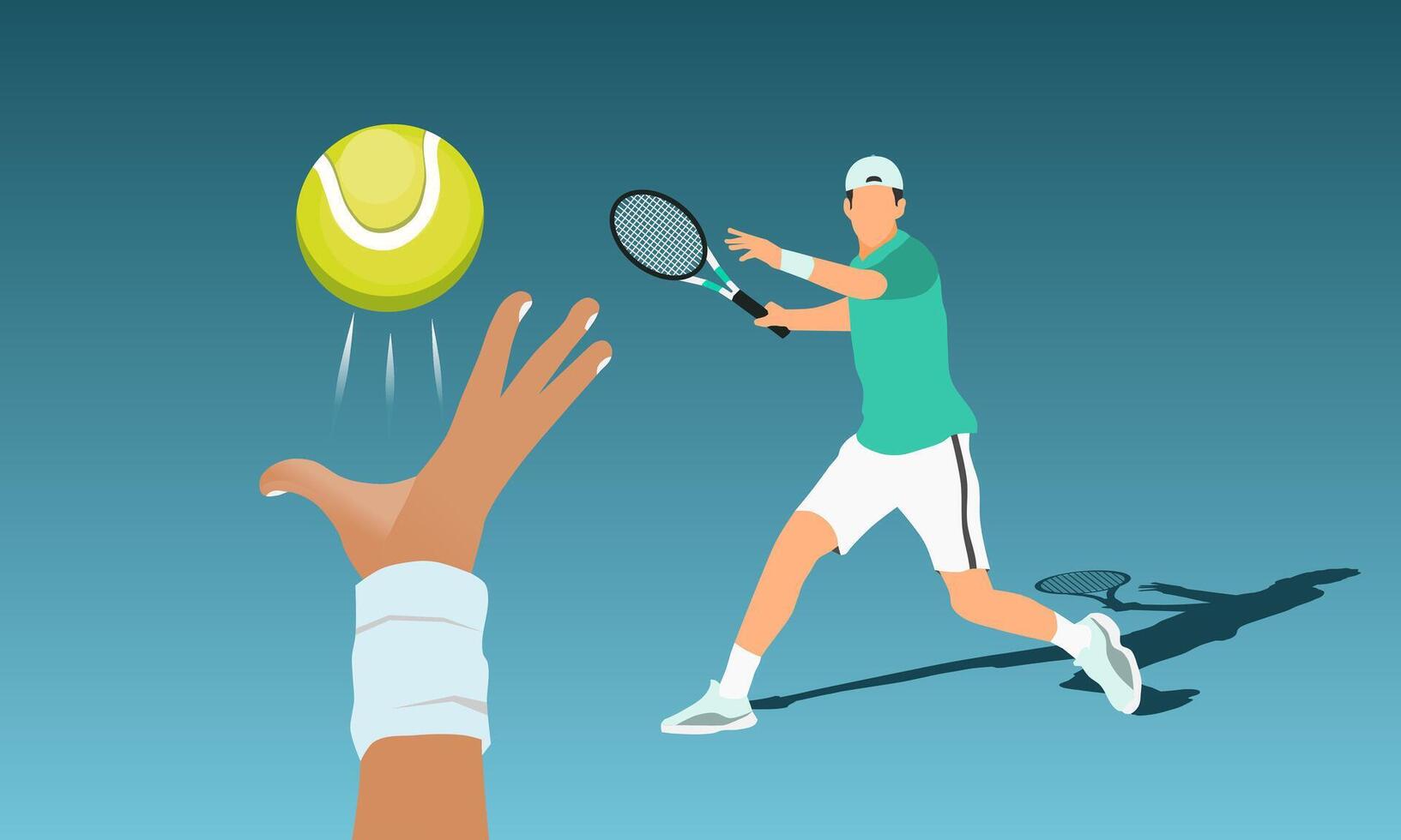 Male tennis player with racket and tennis player hand throwing the ball. vector