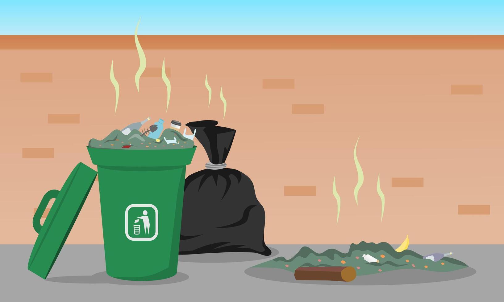 Piles of rubbish on city streets. Black trash bags and garbage container with unsorted trash. vector