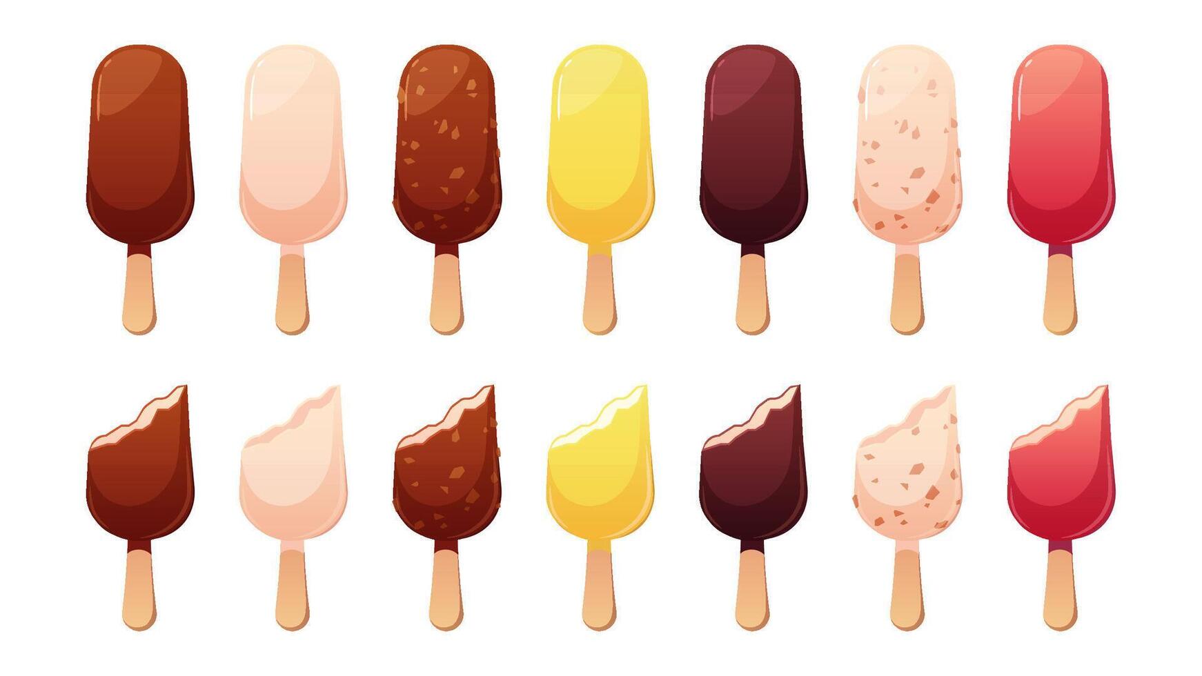 Set of ice cream on stick in glaze. Milk chocolate, white chocolate, dark chocolate, red and yellow icing. collection of icons vector