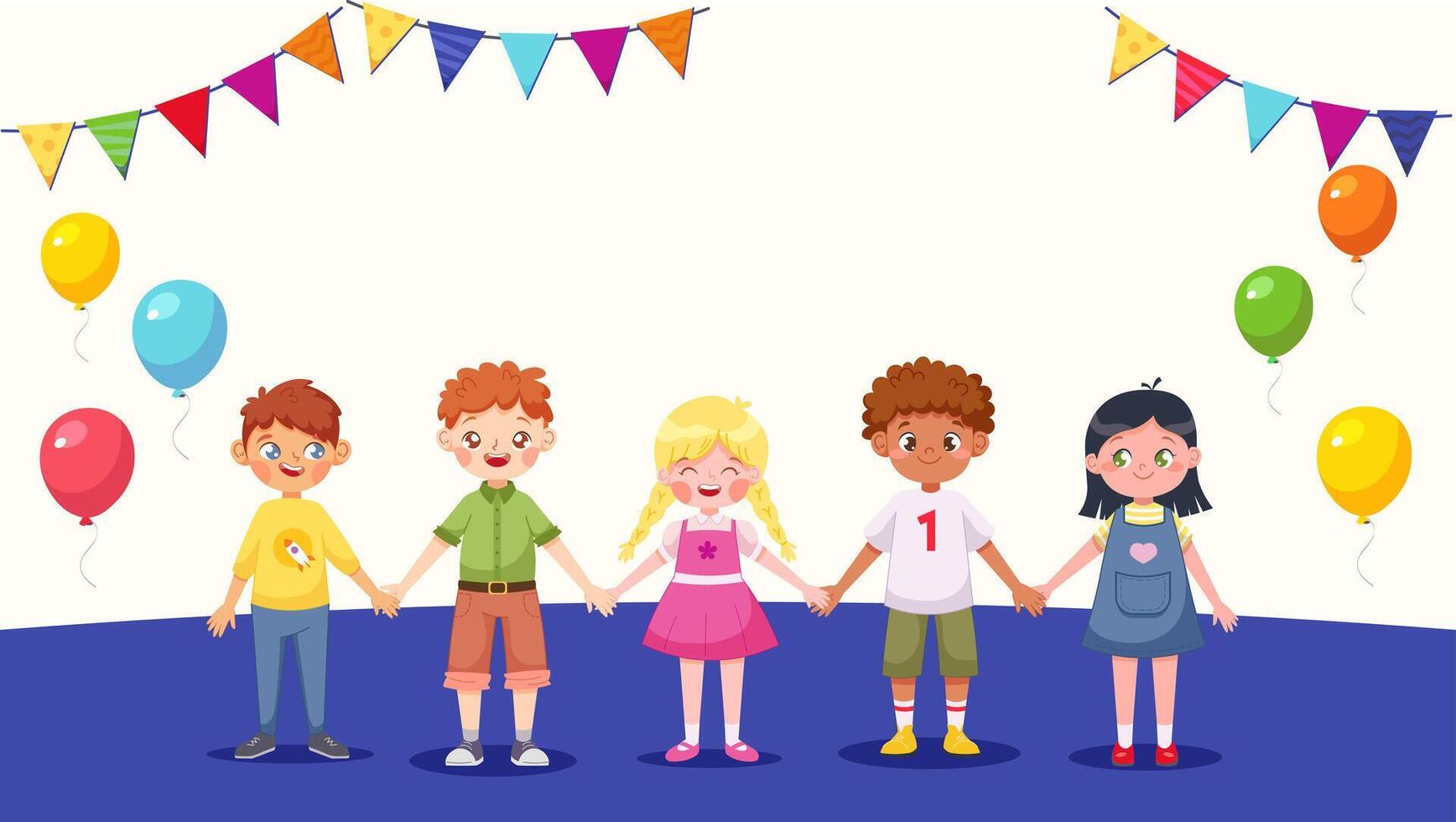 niños de diferente Razas y siglos participación manos en contra un antecedentes de globos y guirnaldas festivo antecedentes para para niños fiestas, para niños día, para niños graduaciones vector