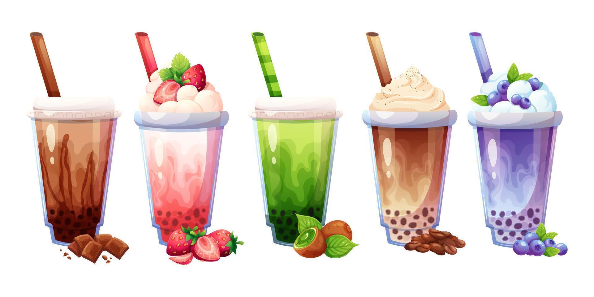 Boba tea, milk bubble tea collection, set. image of drink with icons of flavors. Strawberries, chocolate, coffee, kiwi and blueberries vector