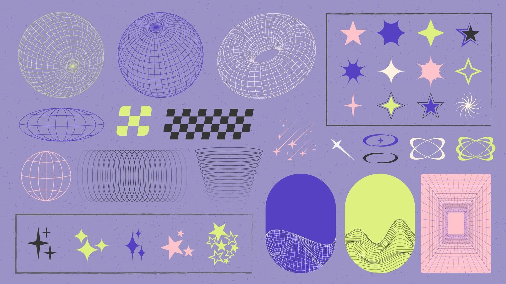 Y2K shapes of stars and planets. Modern minimalist elements, trending geometric shapes. Line art, illustration vector