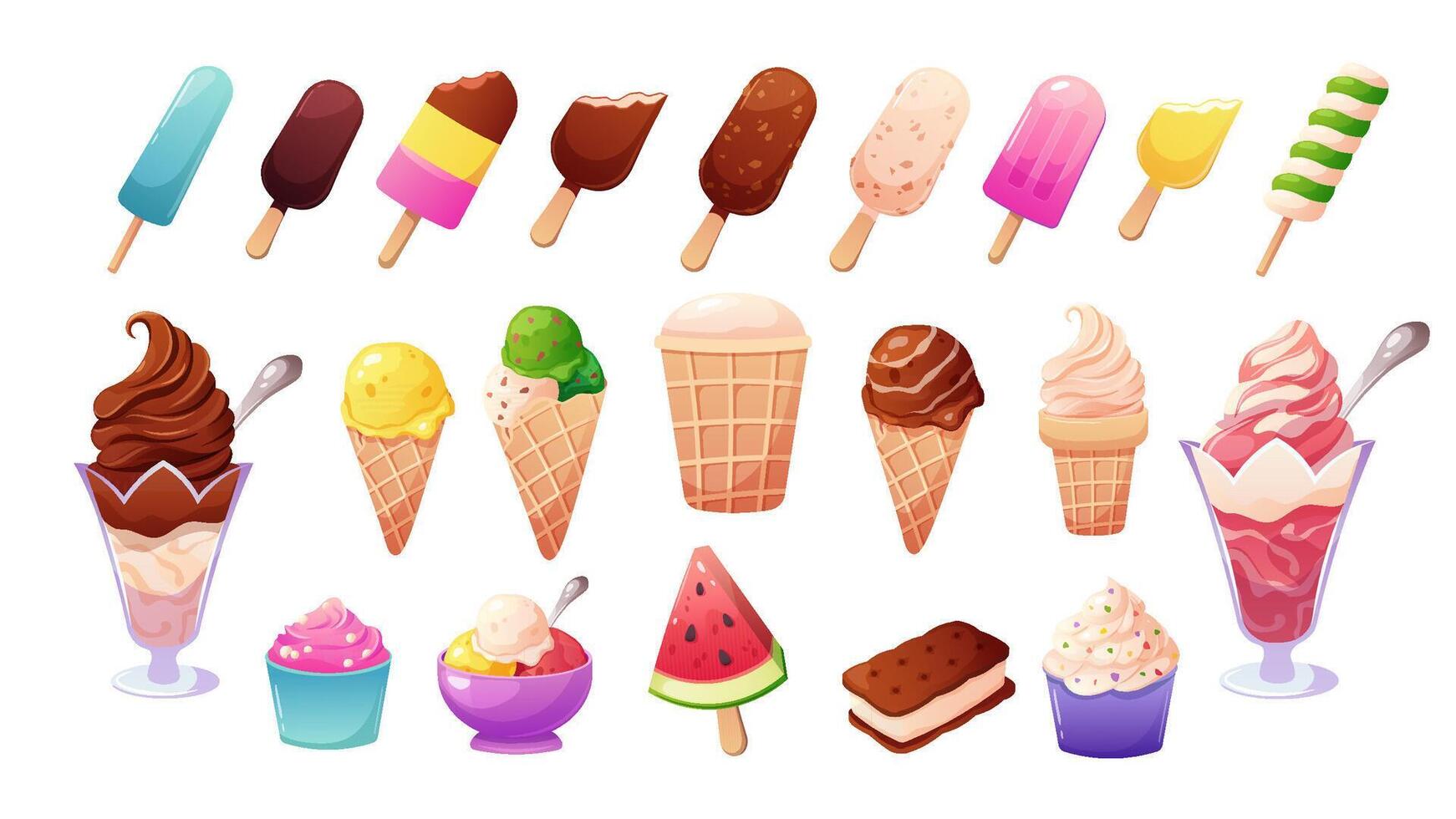 Set of cartoon ice cream on white background. Ice cream in waffle cone, cup, creamer, ice cream balls, fruit ice. illustration, stickers vector