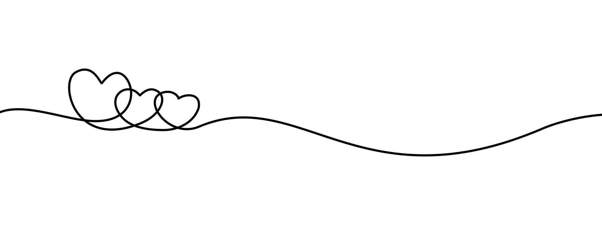 Three heart line draw on white isolated background. Continuous one line drawing of heart. Human falling in love concept. vector