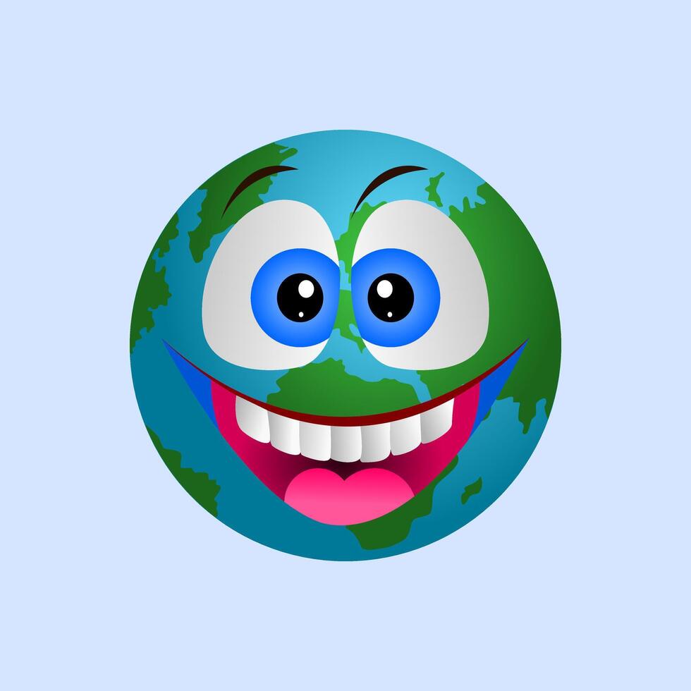 An earth cartoon character earth day mascot globe. Cartoon Earth Face Happy Smile Icon Funny Planet Emotion. World smile face symbol and icon for ecology friendly concept. vector