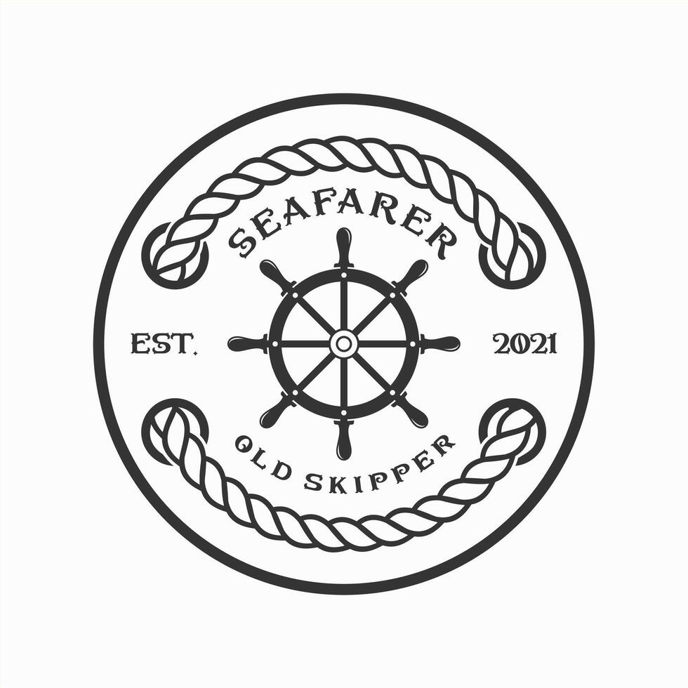 seafarer old skipper logo. vintage style, design template, steering wheels, marine labels. vector