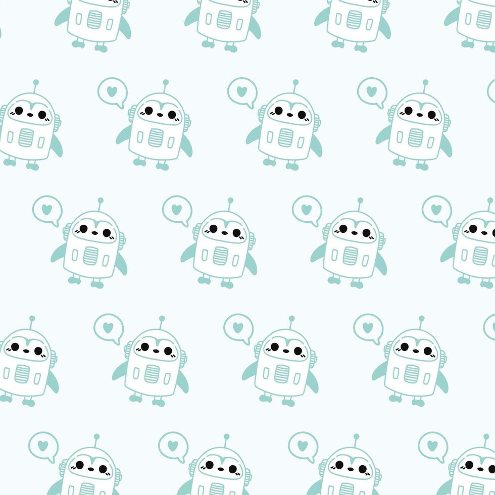 Kawaii cute pattern with green penguin robot and heart on white background. vector