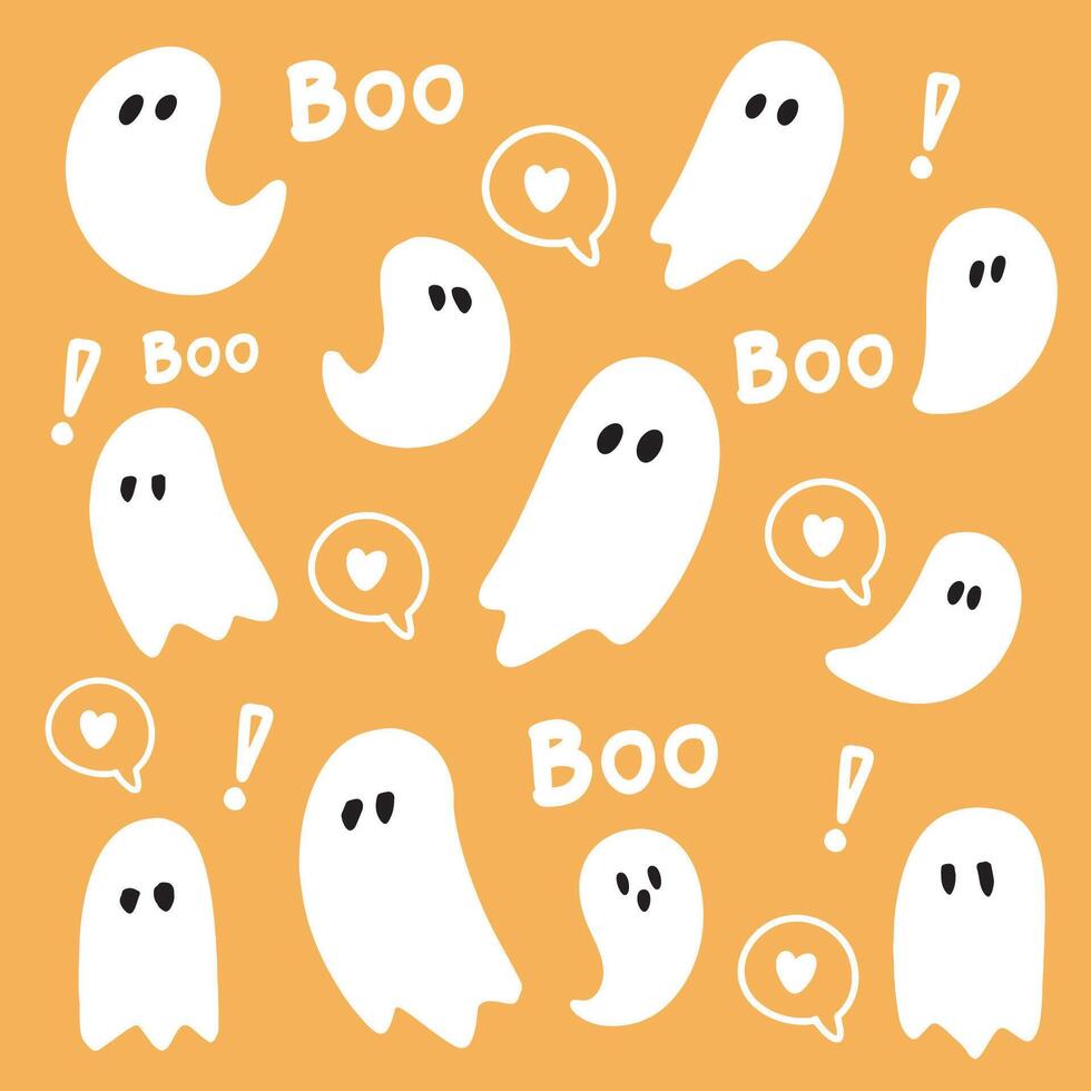 Pattern with cute ghosts and lettering in cute cartoon doodle style on a orange background. vector