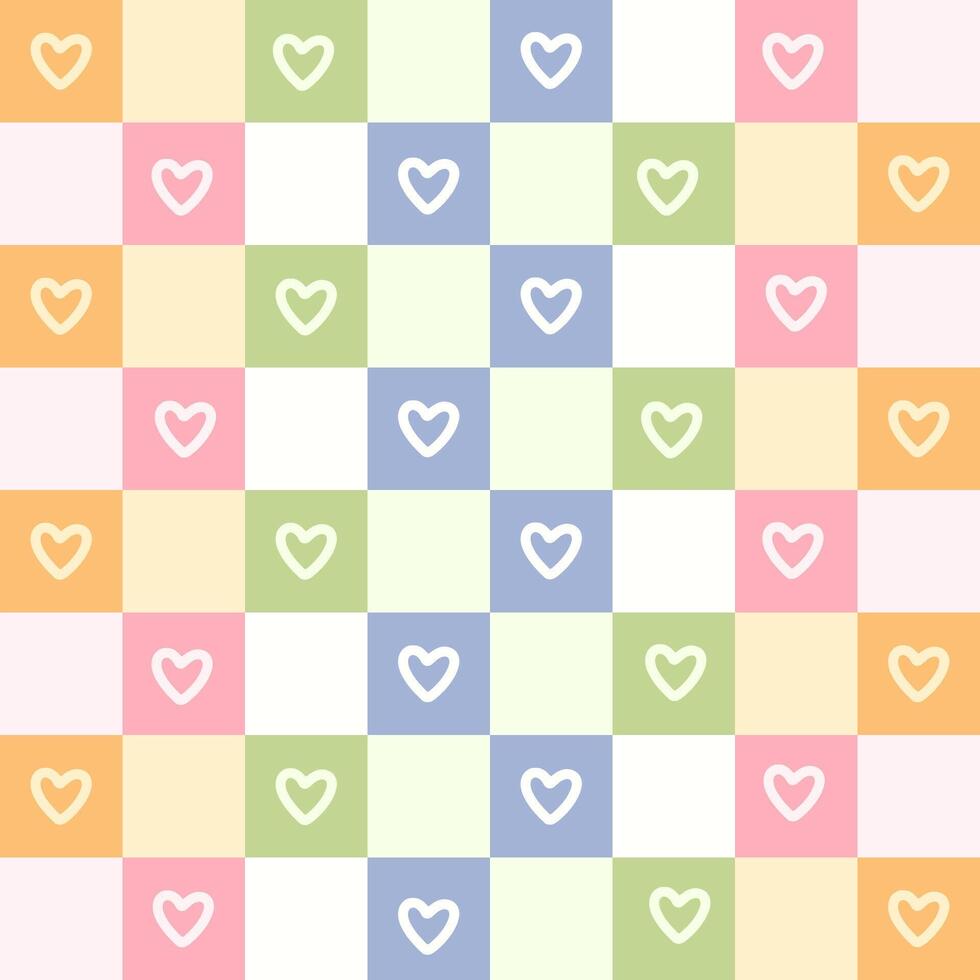Pattern with pastel checkerboard and hearts. vector