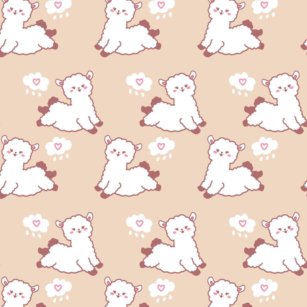 Pattern with cute alpacas and hearts. Kawaii cute seamless pattern with alpaca on soft brown background. vector