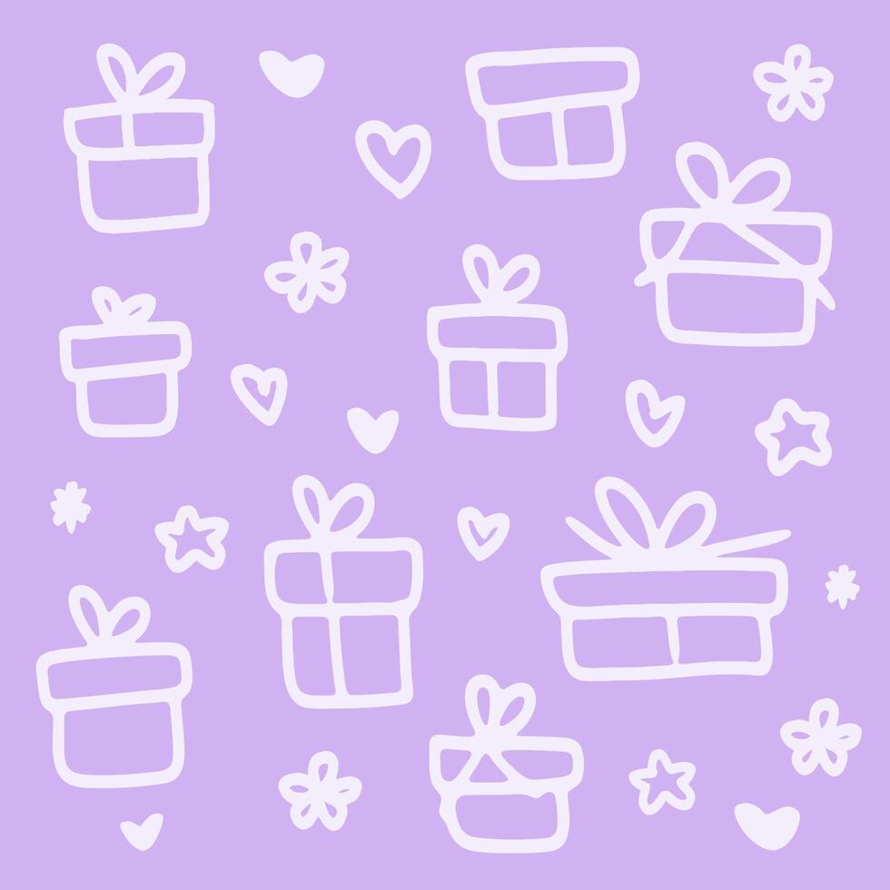 Hand draw pattern of gift boxes flowers and hearts on purple background vector