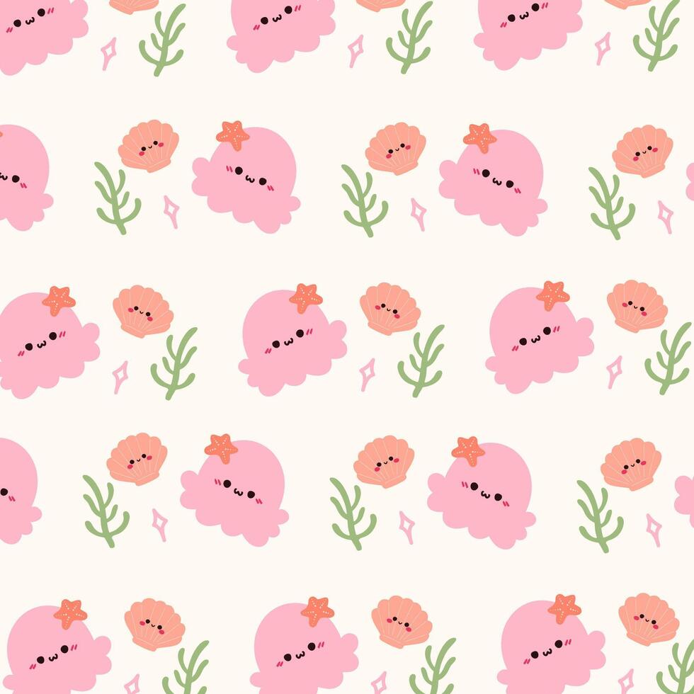 Seamless pattern with cute squid and shell. vector