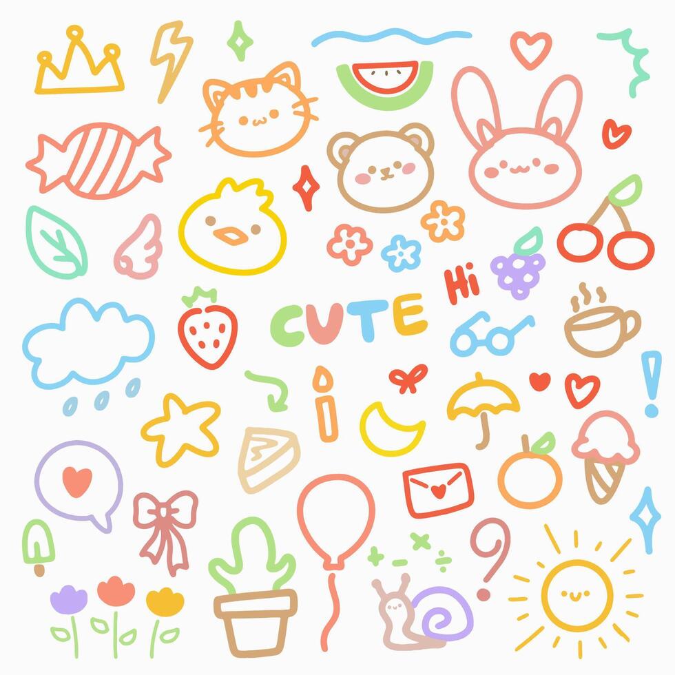 Set of cute hand drawn doodle for kids.Hand drawn colored set of simple decorative elements. Various icons such as hearts, stars, speech bubbles, cat, lines isolated on white background. vector