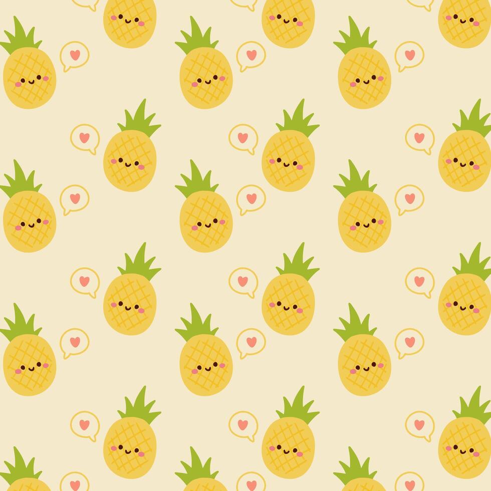 Kawaii cute pattern with pineapple on yellow background. vector