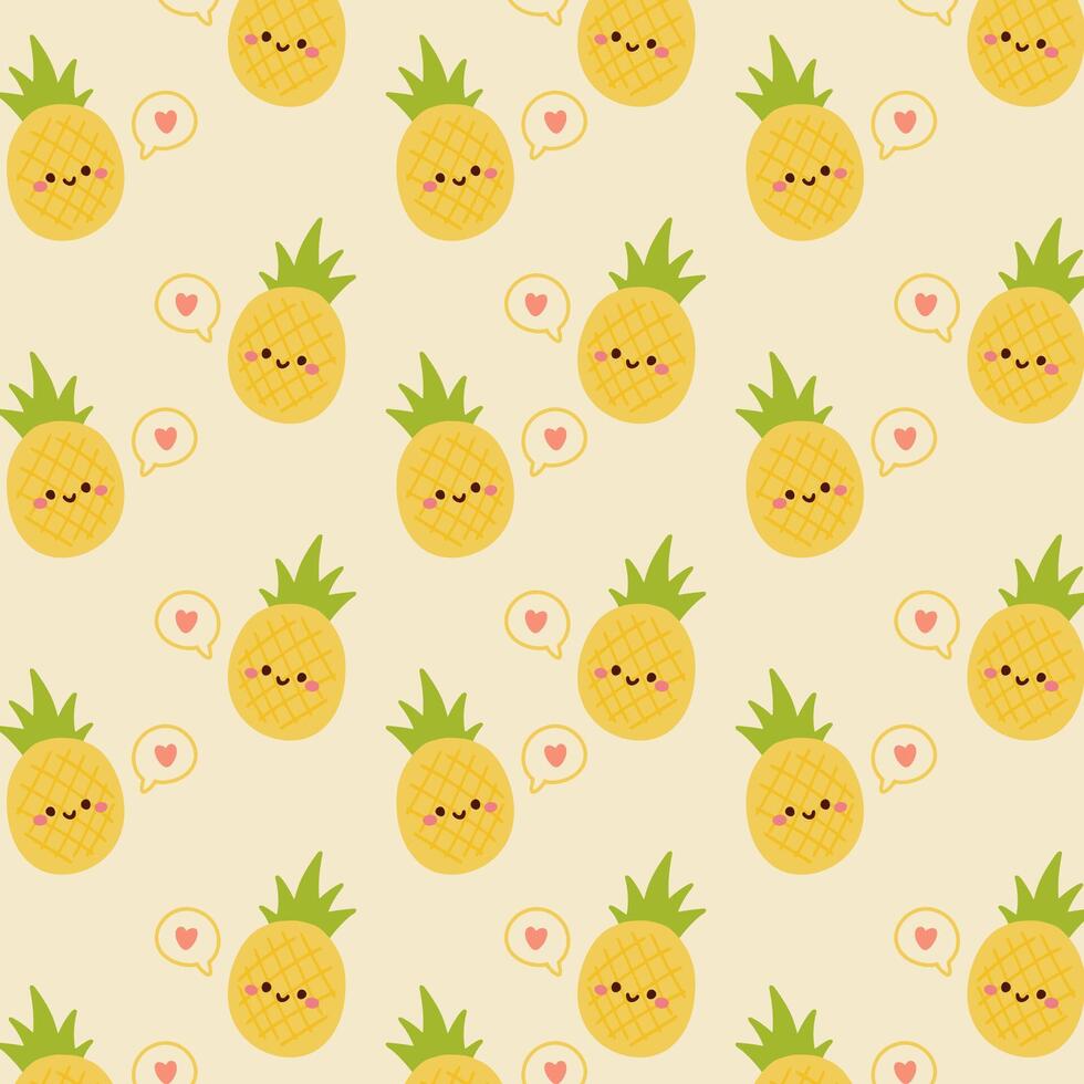 Kawaii cute pattern with pineapple on yellow background. vector