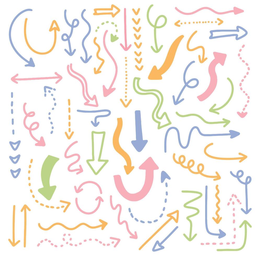 set of pastel hand drawn arrows.Hand drawn freehand different curved lines, swirls arrows. vector