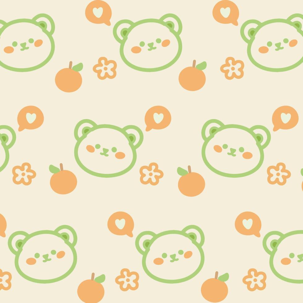 Seamless pattern with cute bear and orange on soft yellow background vector
