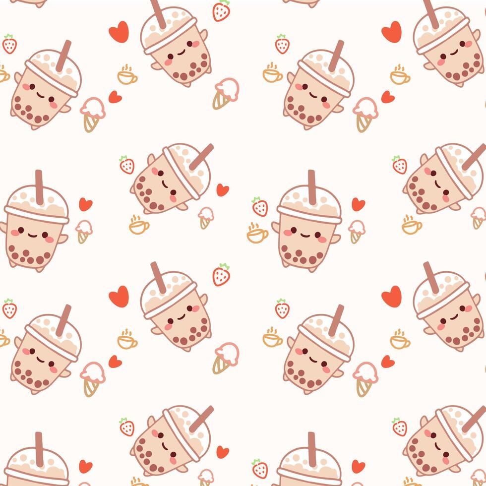 Kawaii cute pattern with boba bubble milk tea on white background. vector