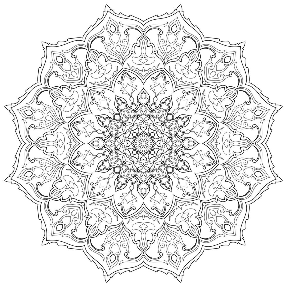 Mandala, black lines, pattern of circular radial lines on a white background. vector