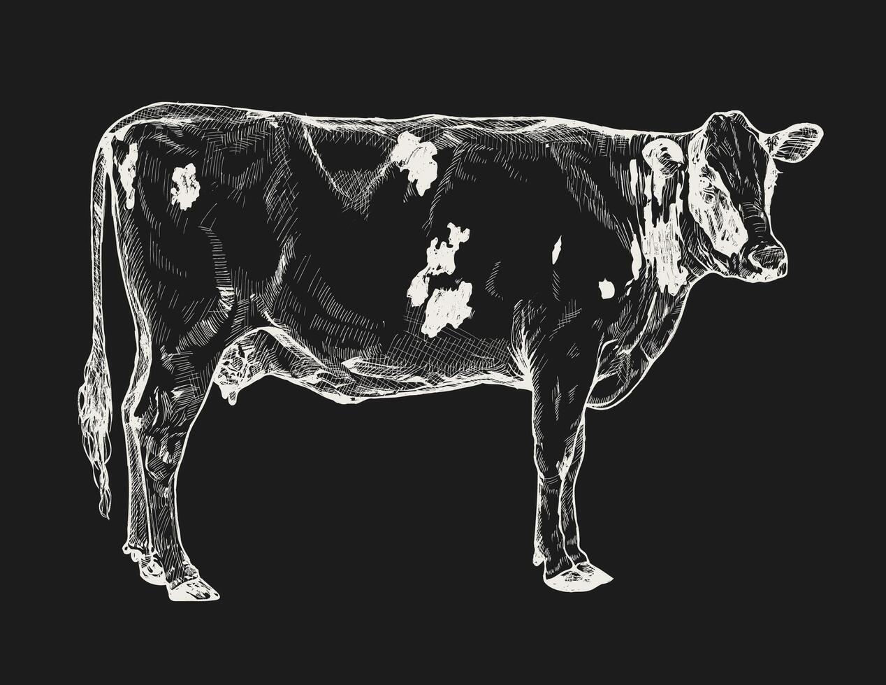 Detailed white line art of a cow on a black background with a classic feel vector