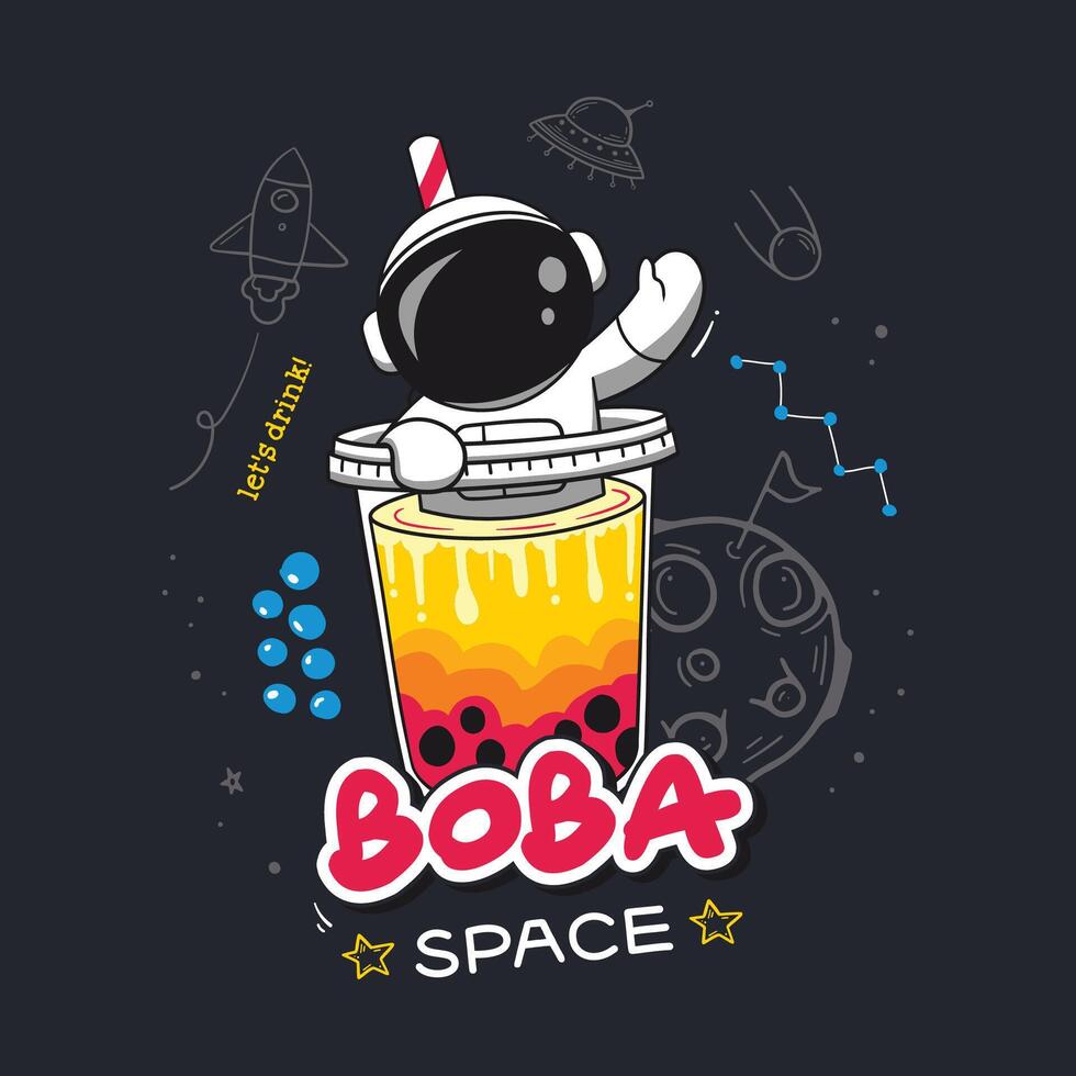 Fun illustration featuring an astronaut on a bubble tea cup amidst a space doodle backdrop vector