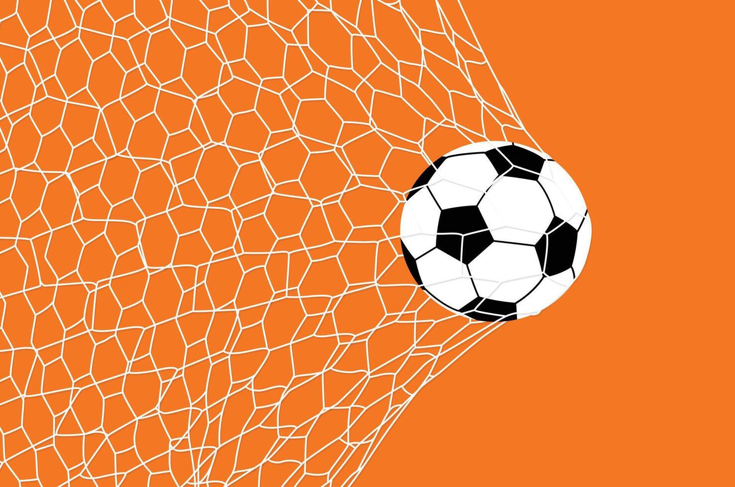 Classic black and white soccer ball in the net against an orange background vector