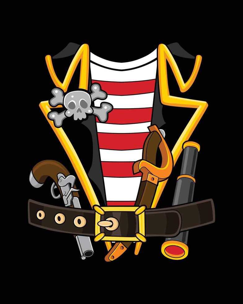 illustration of a cartoon pirate costume with iconic accessories on a black background vector