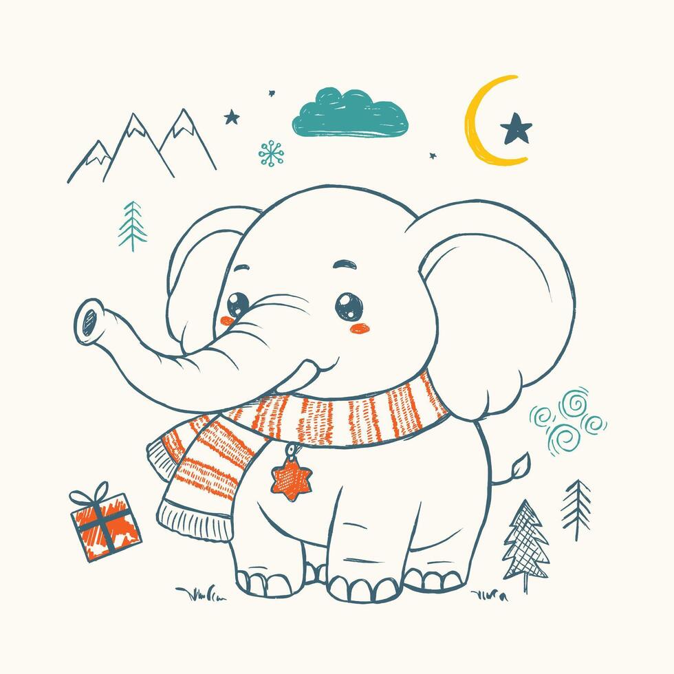 dibujado a mano ilustración de un sonriente elefante en un acogedor bufanda, rodeado por festivo invierno íconos vector