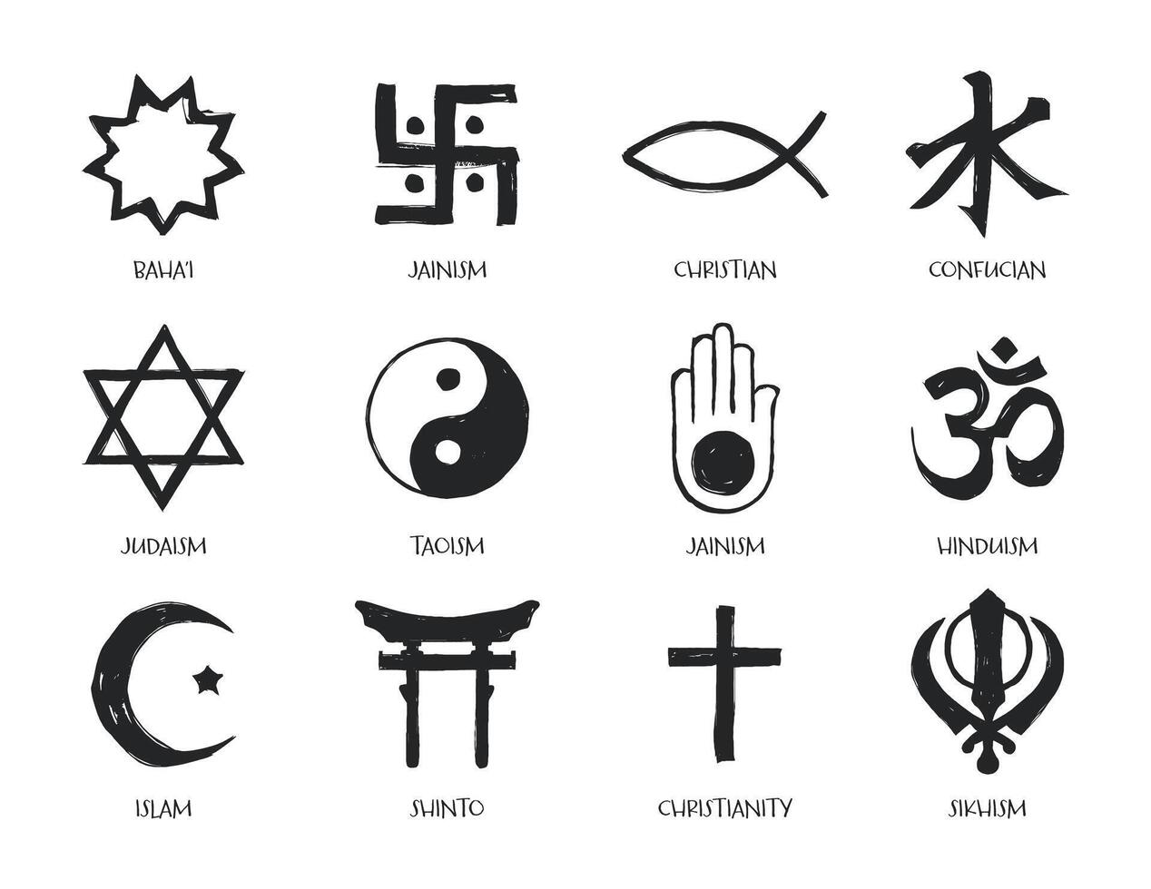 Black and white icons representing various world religions and spiritual philosophies vector