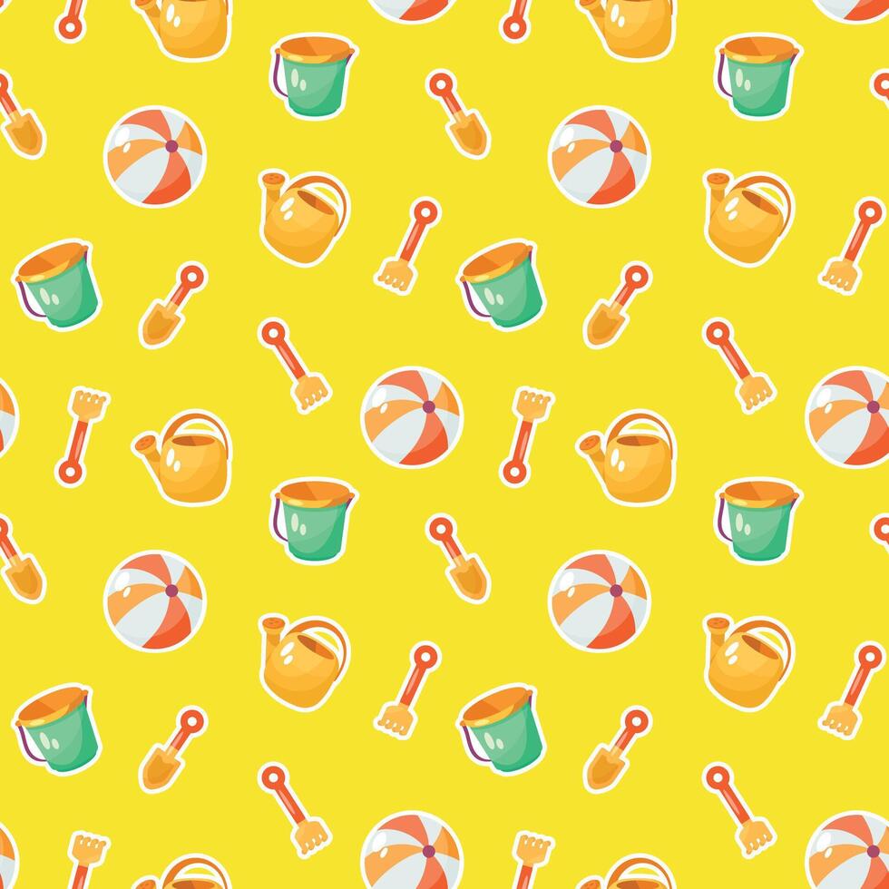 Summer beach toys. Bucket, ball and rake on yellow background. Seamless pattern. vector