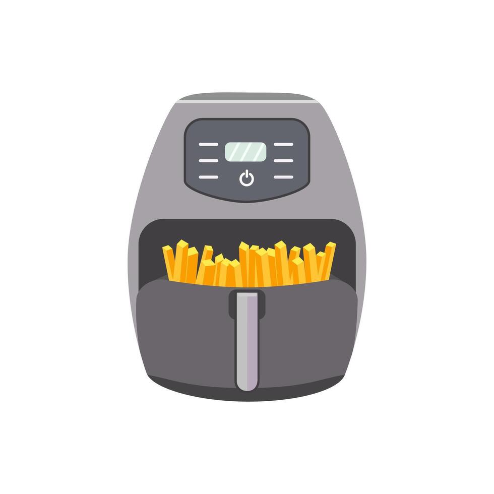air fryer drawer pulled out, revealing golden brown fries inside. vector