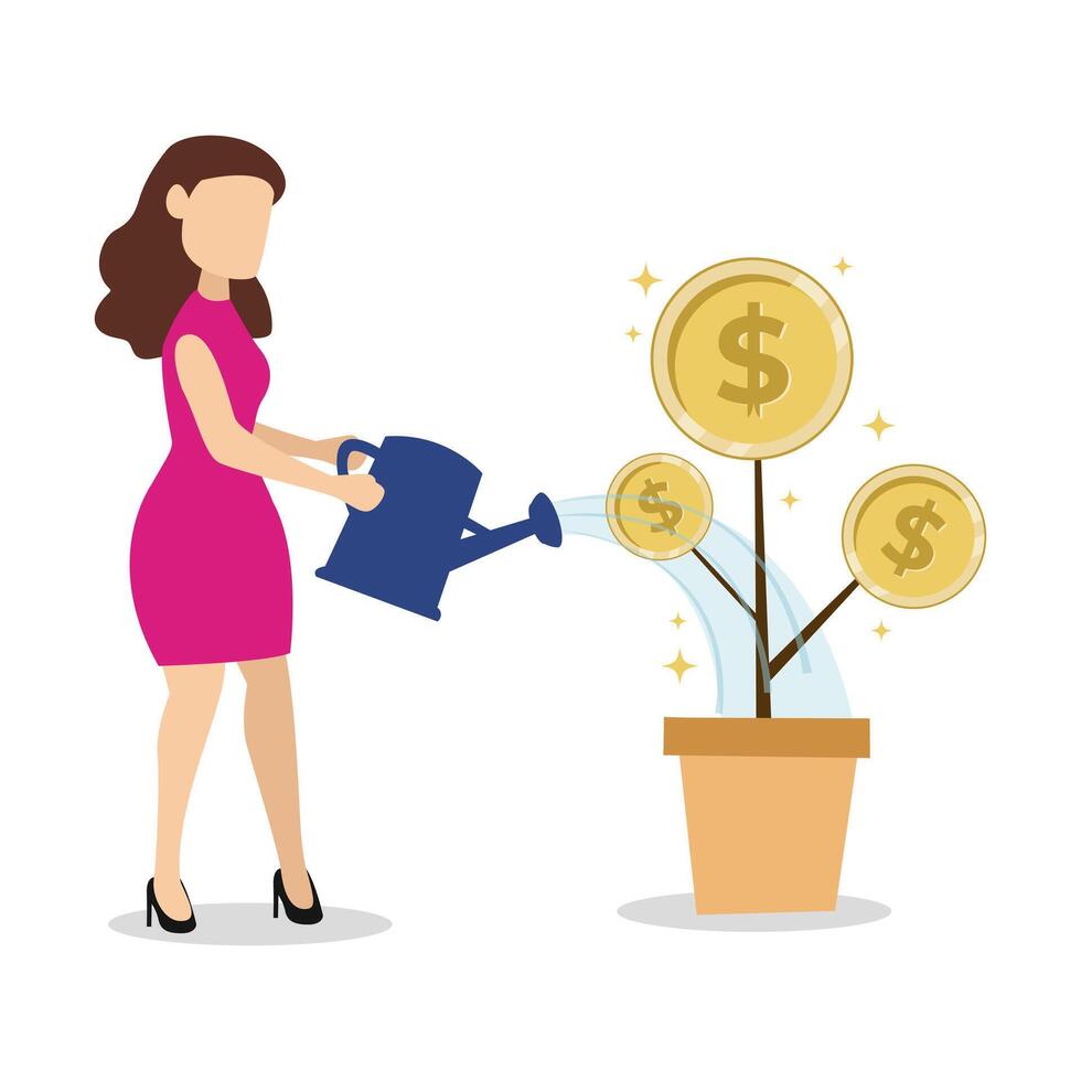 Business woman watering money plant finance business growth illustration art banner design vector