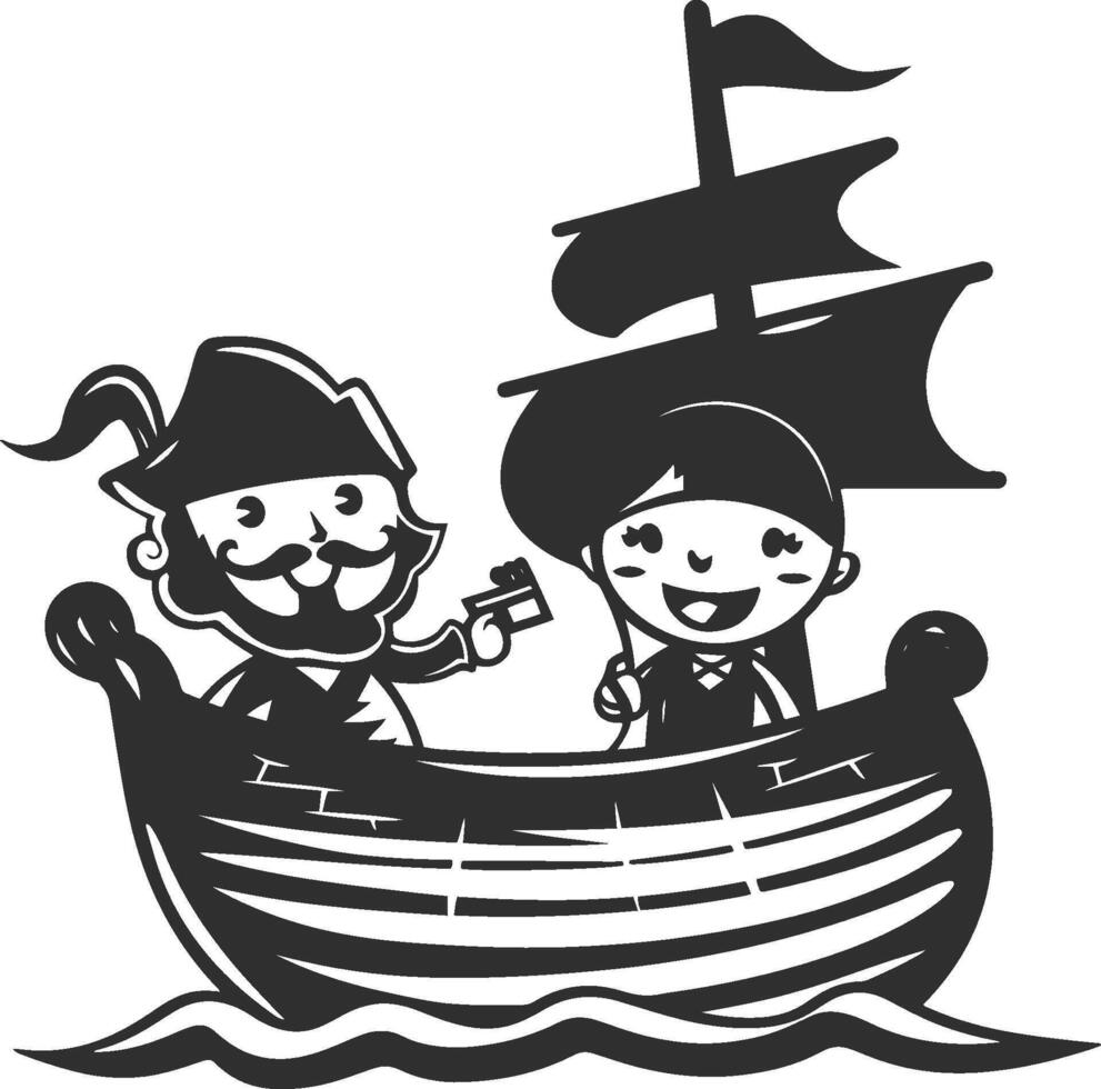 dos contento sonriente pirata chico y niña en un pirata Embarcacion vector