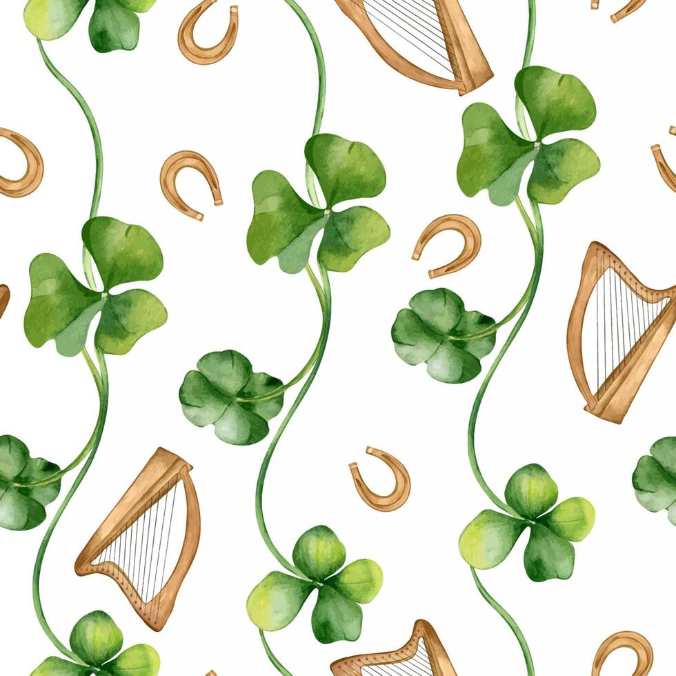 Shamrock and horseshoes watercolor seamless pattern isolated on white background. Painted clover and harp. Hand drawn Celtic symbol. Design for St. Patrick day decoration, textile, wrapping, paper vector