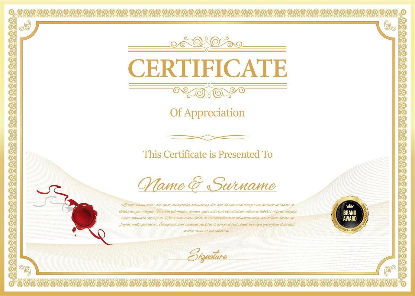 Certificate template with golden seal vector