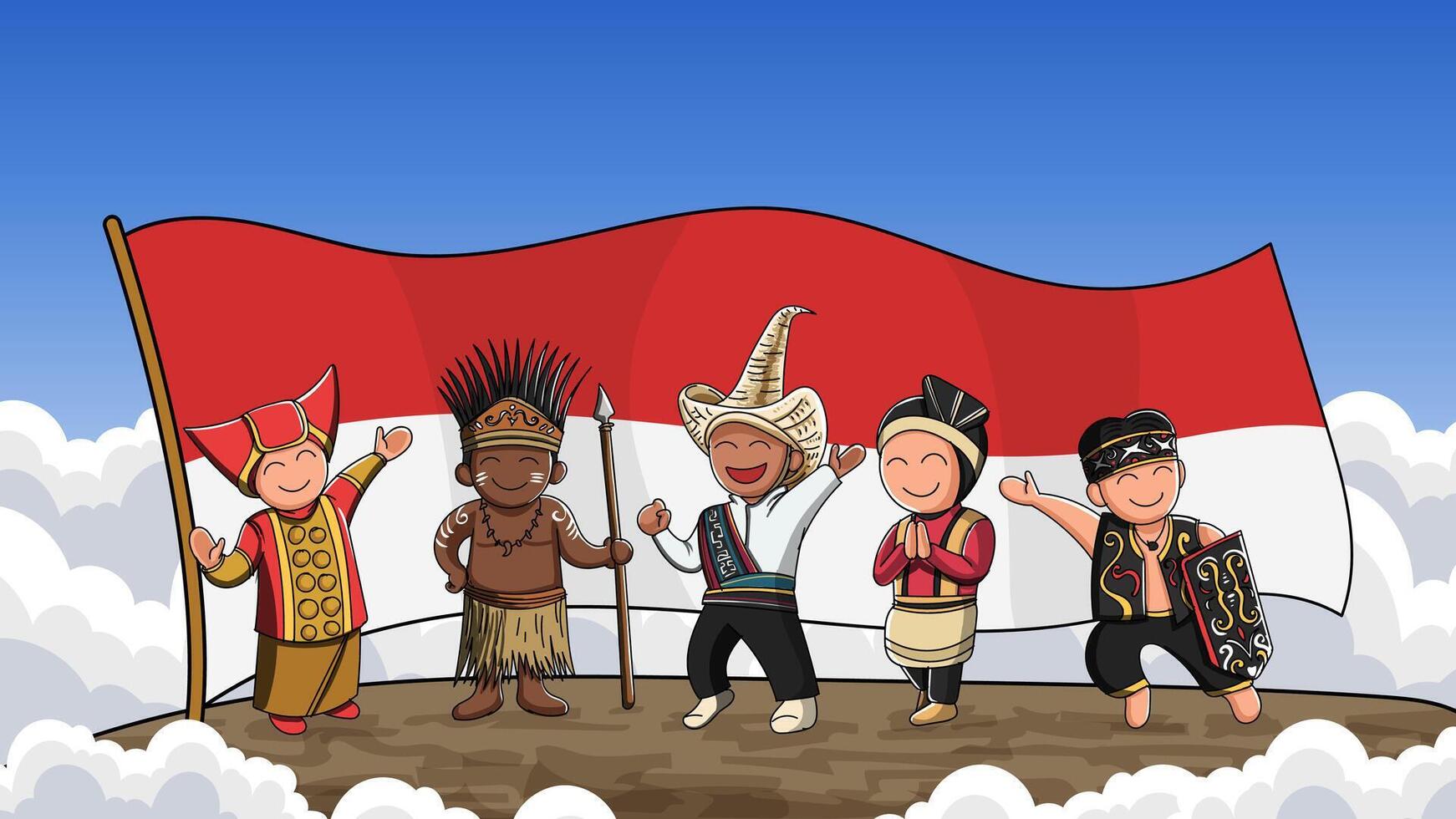 Traditional Culture Cartoon Character Illustration With Indonesian Flag Background vector