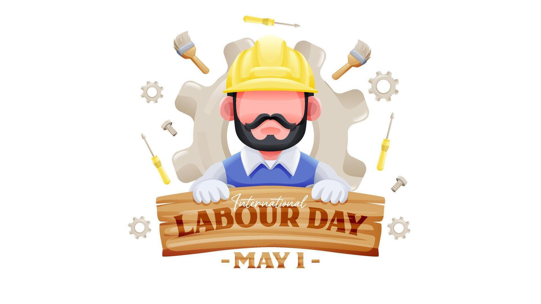 International Labour Day Banner With Worker Holding Wooden Sign and Tools Illustration vector