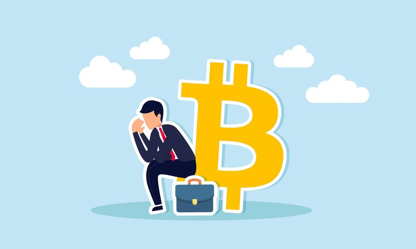 FUD Fear, Uncertainty, Doubt in crypto trading, spreading negative info, concept of The confused investor sits, fear overshadowing the Bitcoin symbol vector