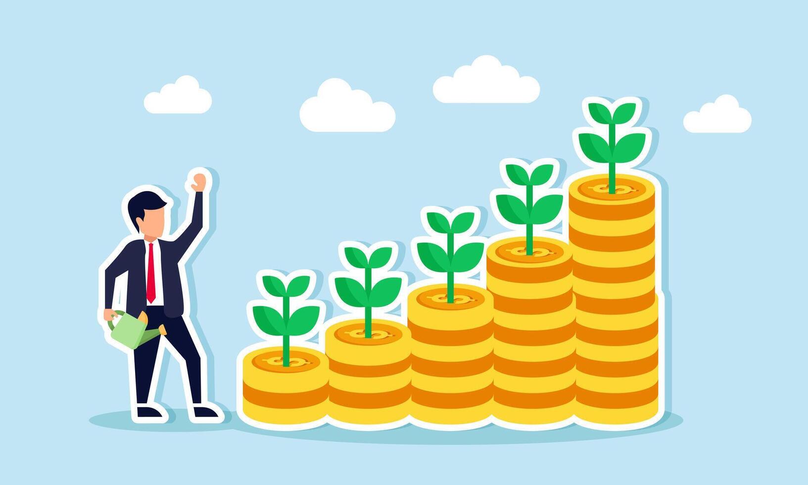 Accumulating wealth, growing investments, mutual funds, compound interest, and pension funds lead to prosperity, concept of Businessman nurtures coin stack for growth vector