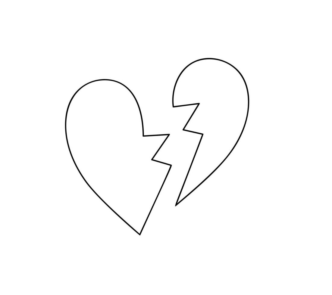 Broken heart simple doodle outline illustration, cute thin anime line symbol of unhappiness, divorce, breaukup, end of love, relationship, simple linear icon vector