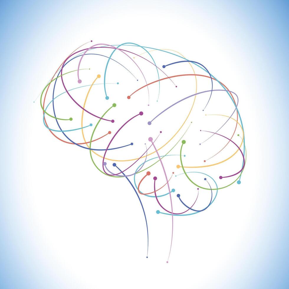 Illustration of colored curves interlocking to form a human brain. vector