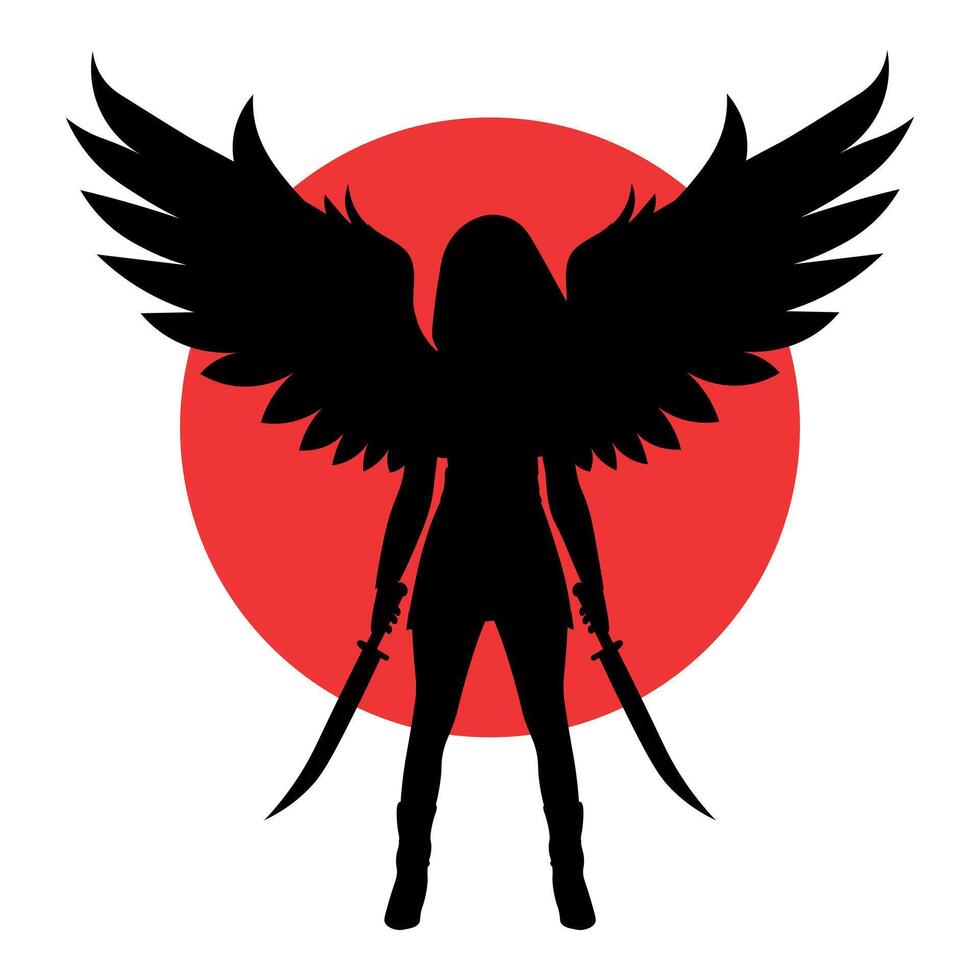 Silhouette Warrior woman with sword sand wings, background red sun. illustration vector