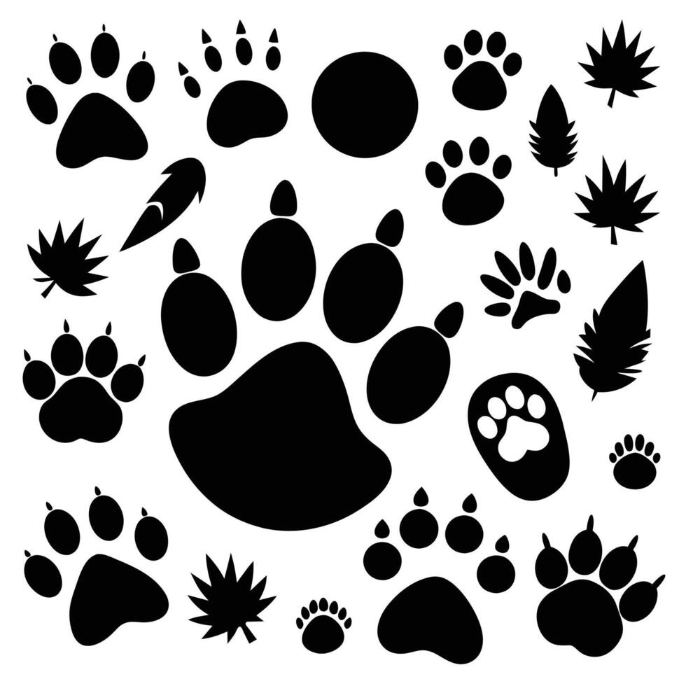 animal paw prints and leaves set illustration vector