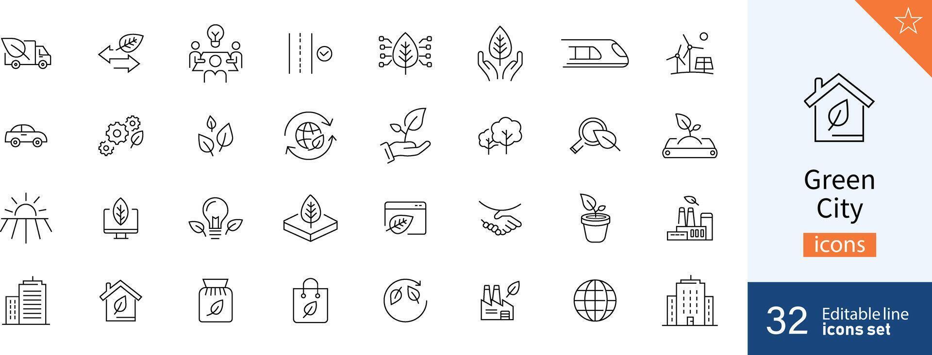 Set of 32 Green City web icons in line style. City, building exterior, plant. illustration. vector