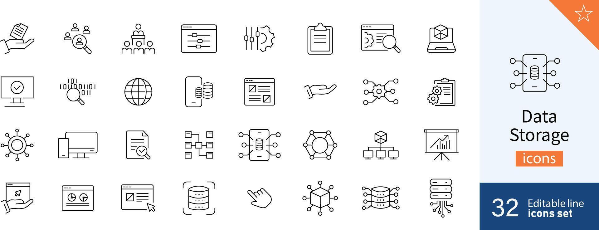 Set of 32 Data Storage web icons in line style. Data, device, design, digital, technology, home. illustration. vector