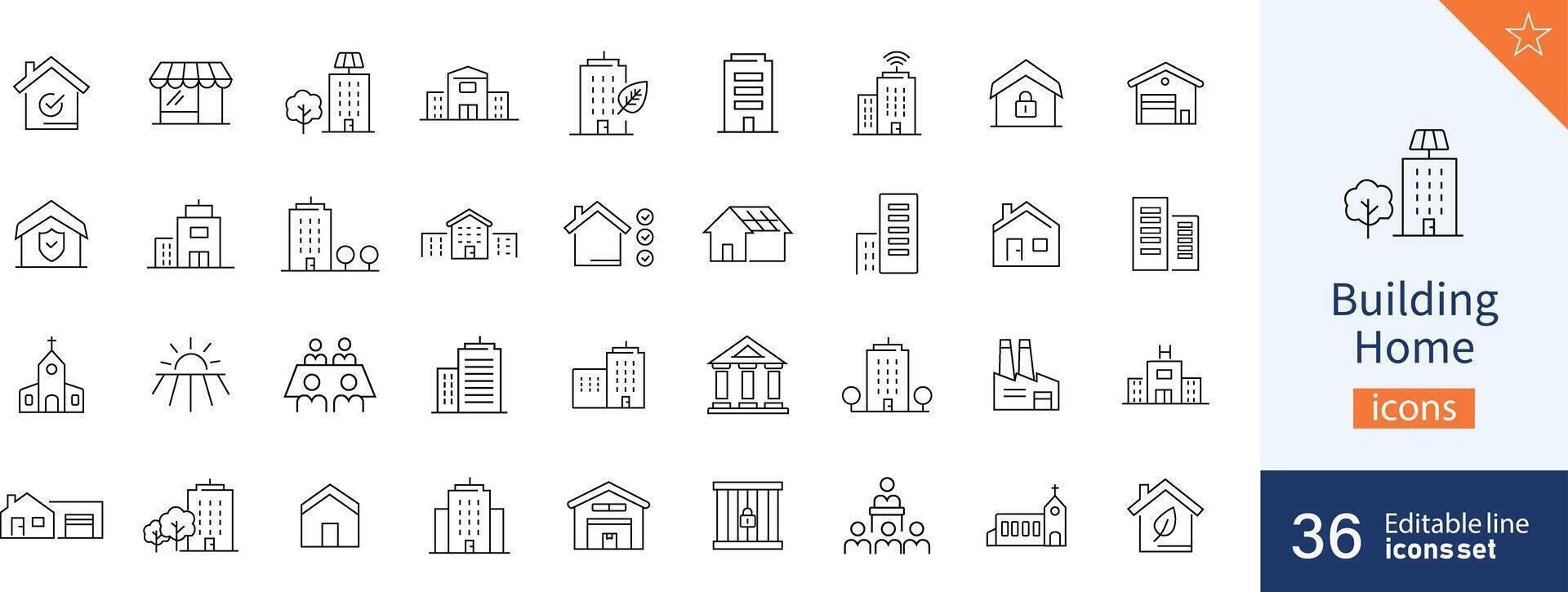 Set of 36 Building Home web icons in line style. Building, building exterior, home. illustration. vector