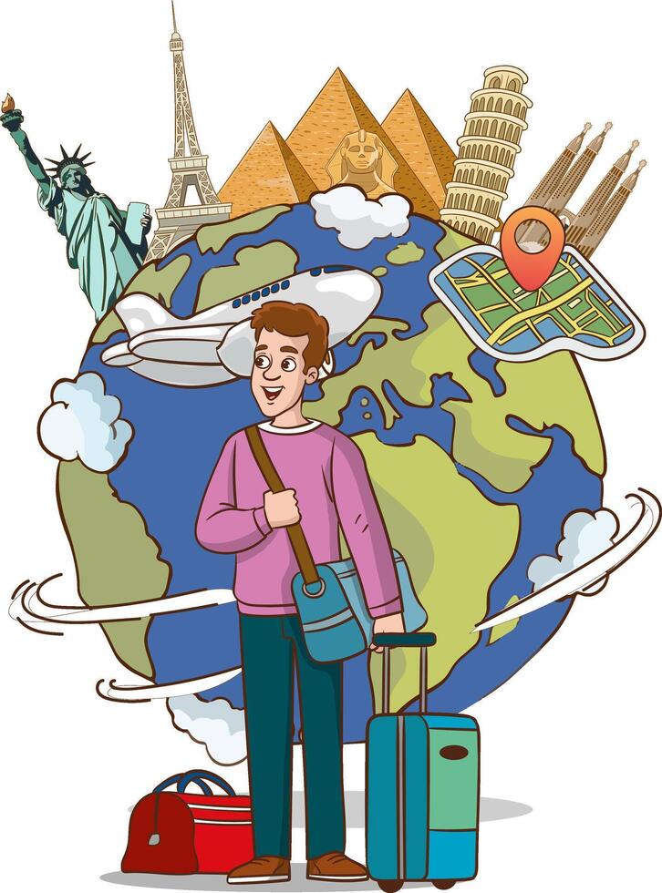 Illustration of young man airplane passenger with two suitcases going on vacation. vector